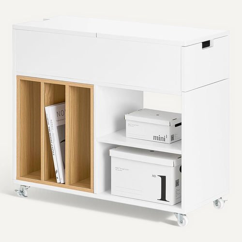 Bout De Canapé En Bois Table Basse Roulante, Avec Porte- Revues Et Tiroir, Blanc, Fbt134-w