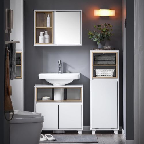 Meuble Bas De Salle De Bain Sur Pied Avec 1 Panier à Linge, Blanc, BZr146-w