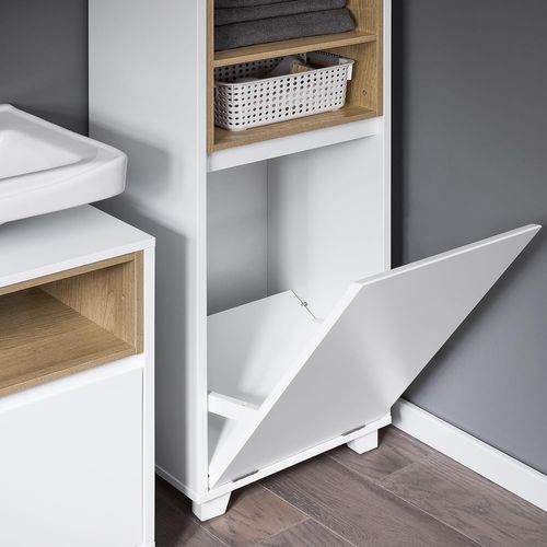 Meuble Bas De Salle De Bain Sur Pied Avec 1 Panier à Linge, Blanc, BZr146-w