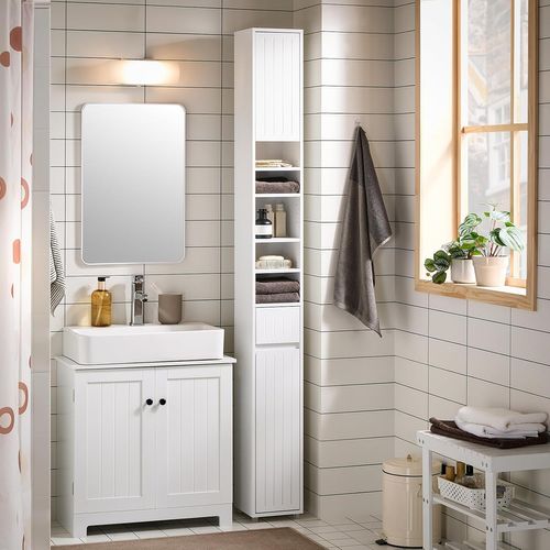 Colonne Salle De Bain Étroite, Avec 1 Tiroir, 2 Portes, 5 Compartiments Ouverts,Blanc, BZr160-w