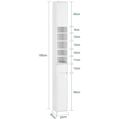 Colonne Salle De Bain Étroite, Avec 1 Tiroir, 2 Portes, 5 Compartiments Ouverts,Blanc, BZr160-w