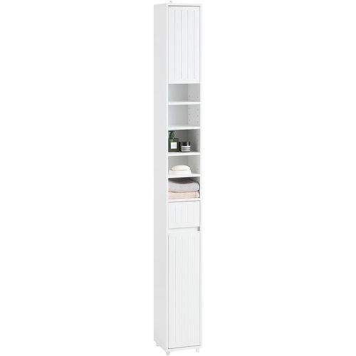 Colonne Salle De Bain Étroite, Avec 1 Tiroir, 2 Portes, 5 Compartiments Ouverts,Blanc, BZr160-w