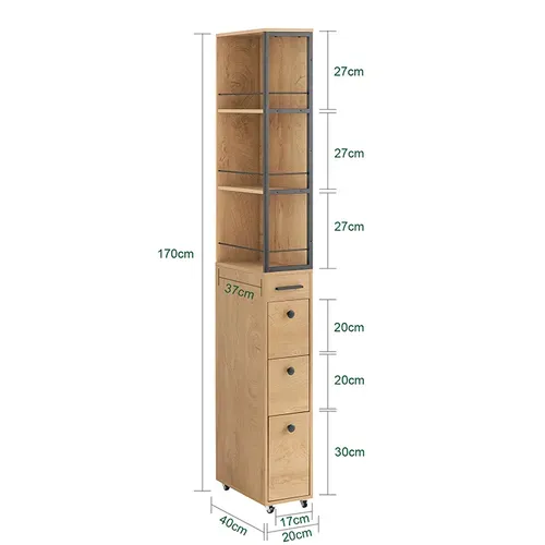 Meuble Colonne à Roulettes – Rangement Étroit 3 Niveaux, 3 Tiroirs, 40x20x169,5 Cm