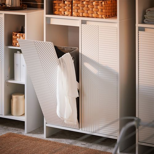 Armoire De Salle De Bain Haute Avec Sac à Linge, Colonne Meuble Salle De Bain,blanc, BZr155-w