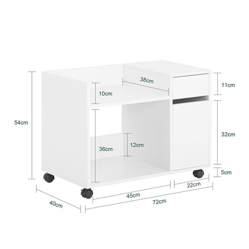 Caisson De Bureau à Roulettes Avec Tiroirs, Meuble Rangement Imprimante, 72x40x54 Cm, Blanc