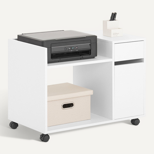 Caisson De Bureau à Roulettes Avec Tiroirs, Meuble Rangement Imprimante, 72x40x54 Cm, Blanc