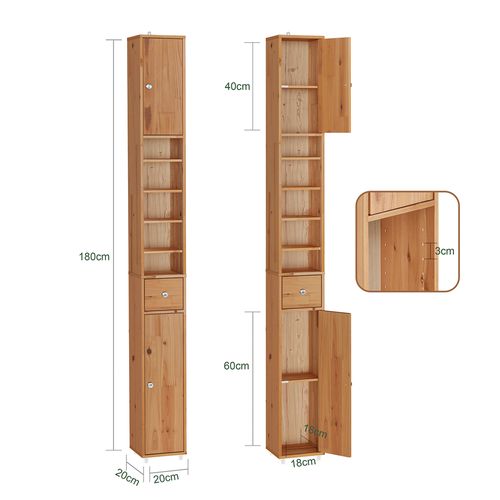 Colonne Salle De Bain En Bois, Armoire Étroite Avec Tiroir Et Étagères Réglables