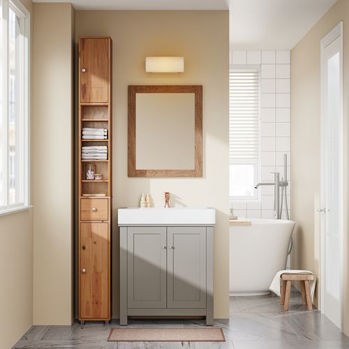 Colonne Salle De Bain En Bois, Armoire Étroite Avec Tiroir Et Étagères Réglables