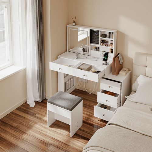 Table De Maquillage Avec Miroir LED Blanc 120x40x127cm Fwt114-e-w