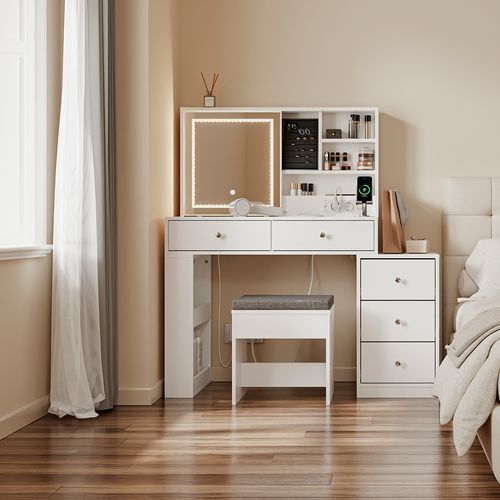 Table De Maquillage Avec Miroir LED Blanc 120x40x127cm Fwt114-e-w