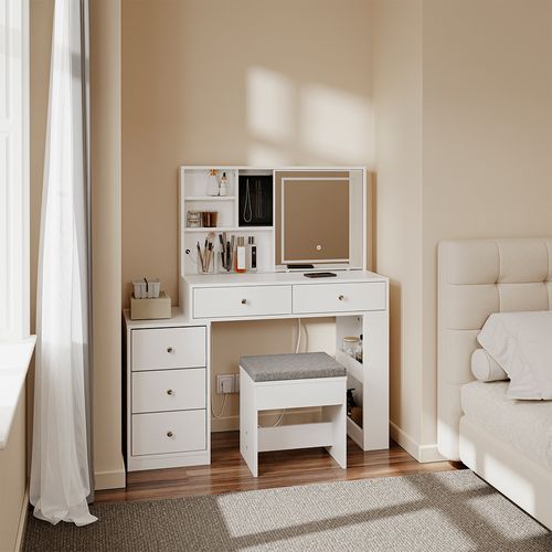 Table De Maquillage Avec Miroir LED Blanc 120x40x127cm Fwt114-e-w