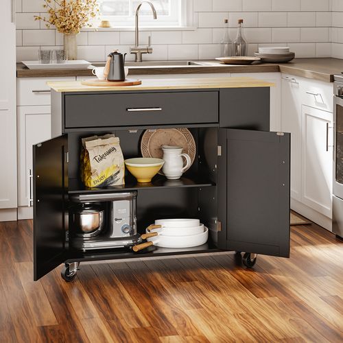 Îlot De Cuisine Mobile Avec Tiroir Et Roulettes Noir Chêne Clair 99x40x84.3 Cm Fkw133-sch
