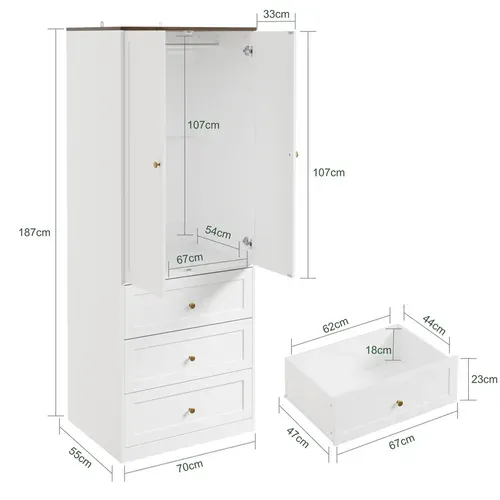 Armoire 2 Portes Battantes Avec 3 Tiroirs, Blanc Et Top Effet Bois, 70x55x187 Cm, Ksb04-w