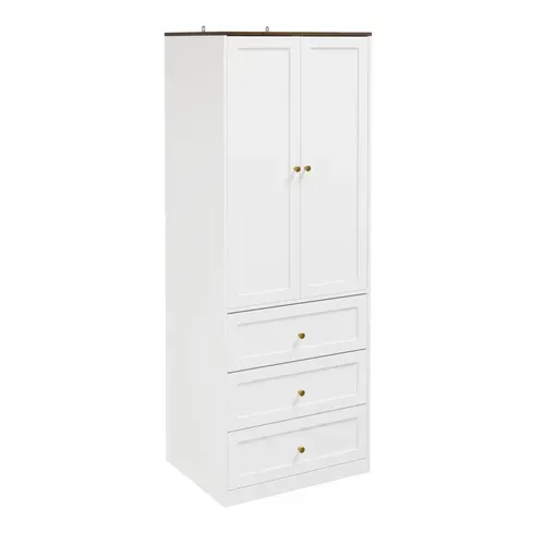 Armoire 2 Portes Battantes Avec 3 Tiroirs, Blanc Et Top Effet Bois, 70x55x187 Cm, Ksb04-w