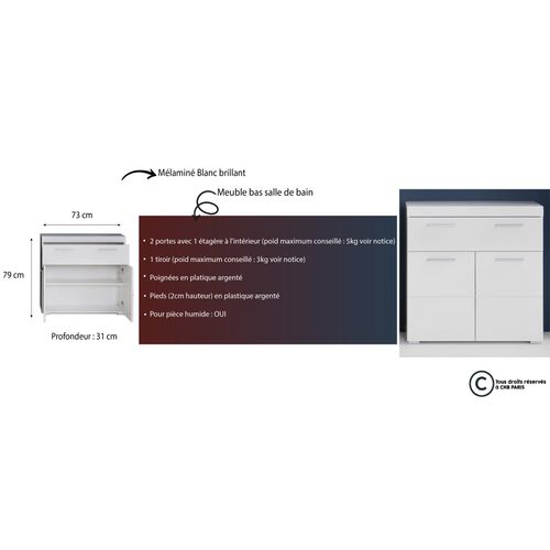 Meuble Bas De Salle De Bain Blanc Brillant 2 Portes 1 Tiroir 73 Cm