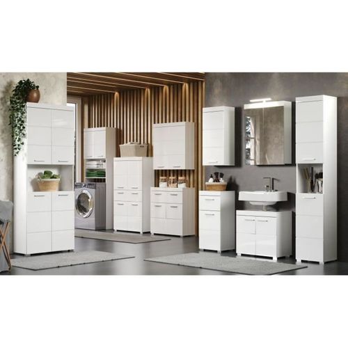 Meuble Bas De Salle De Bain Blanc Brillant 2 Portes 1 Tiroir 73 Cm