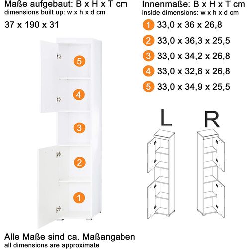 Colonne De Salle De Bain - 2 Portes Et 1 Niche - Gris - L37 X P31 X H190 Cm - Amanda