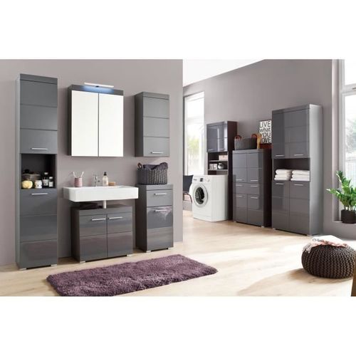 Meuble De Salle De Bain - Armoire De Toilette - Miroir - 2 Portes - Gris - L60xp17xh77cm - Amanda