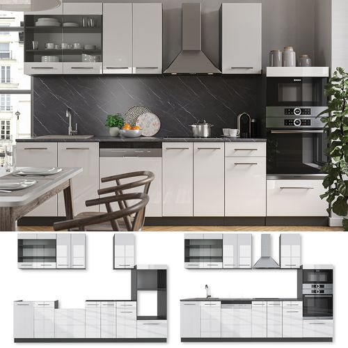Cuisine Fame-Line, 300 cm avec armoire haute, sans plan de travail, Anthracite brillant/Chêne