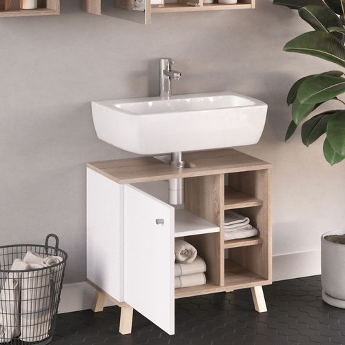 Meuble Sous-vasque Senyo Vicco – 60 Cm – Blanc Et Sonoma – Salle De Bain