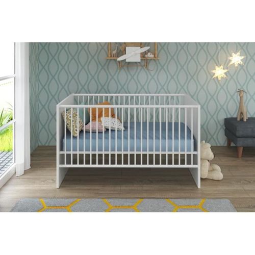 Trio Chambre Bébé Blanc 70x140 : Lit À Barreaux + Commode + Armoire 2 Portes