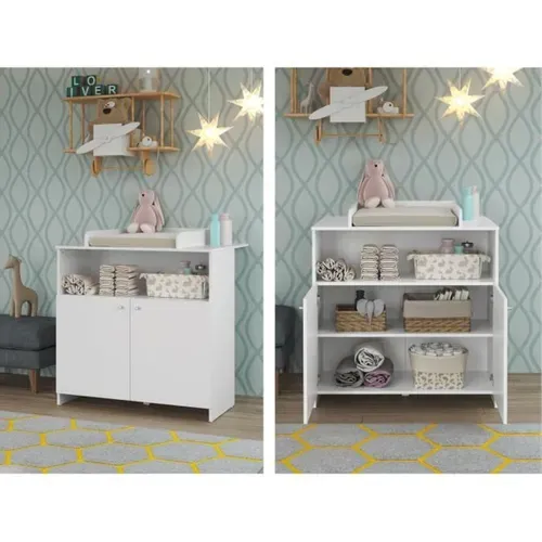 Trio Chambre Bébé Blanc 70x140 : Lit À Barreaux + Commode + Armoire 2 Portes