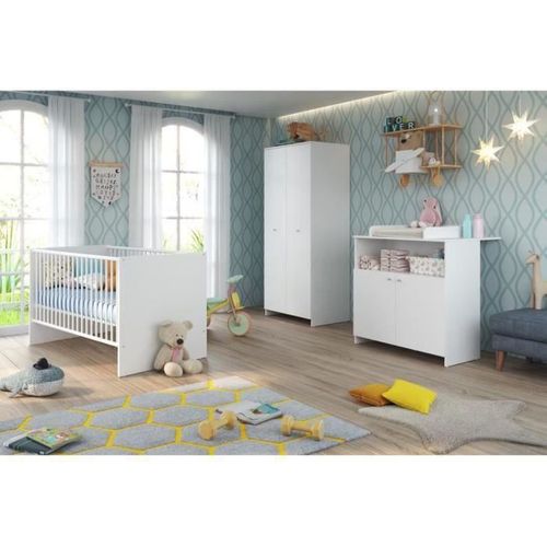 Trio Chambre Bébé Blanc 70x140 : Lit À Barreaux + Commode + Armoire 2 Portes