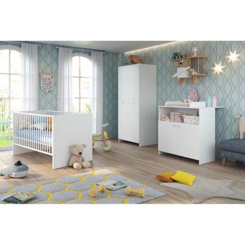 Trio Chambre Bébé Blanc 70x140 : Lit À Barreaux + Commode + Armoire 2 Portes