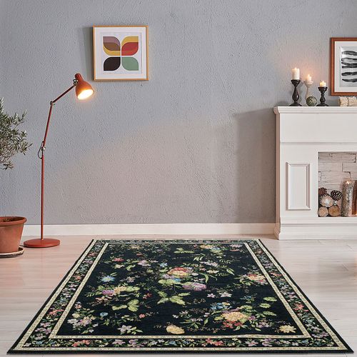 Tapis Floral Tissé Plat Flomi 60x90 Cm - Noir