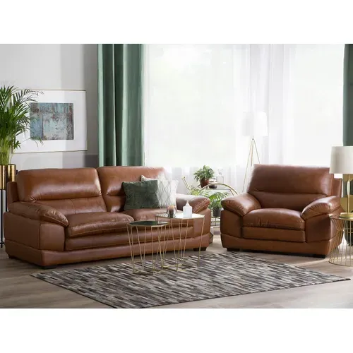 Ensemble Canapé Et Fauteuil En Cuir Marron Doré 4 Places Horten