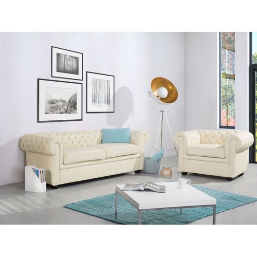 Ensemble Canapé Et Fauteuil En Cuir Beige Crème 4 Places Chesterfield