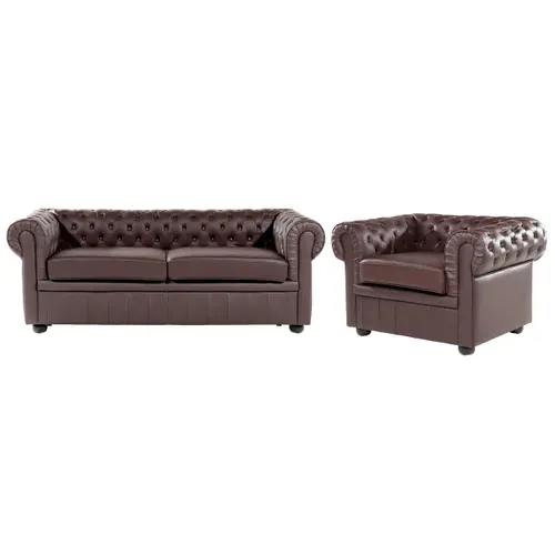 Ensemble Canapé Et Fauteuil En Cuir Marron 4 Places Chesterfield