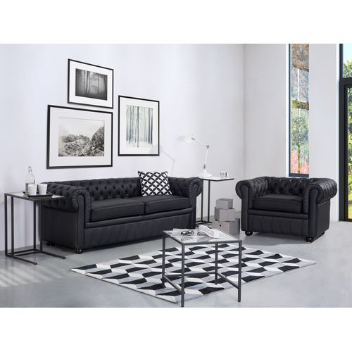 Ensemble Canapé Et Fauteuil En Cuir Noir 4 Places Chesterfield