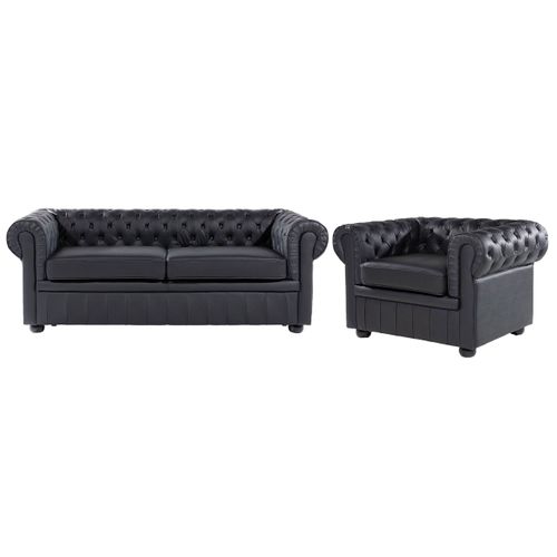 Ensemble Canapé Et Fauteuil En Cuir Noir 4 Places Chesterfield