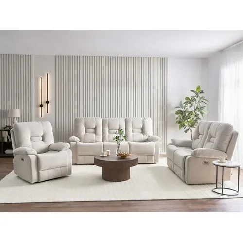 Canapé De Salon 3 Places Électrique Inclinable En Velours Beige Avec LED Et Port USB Bergen