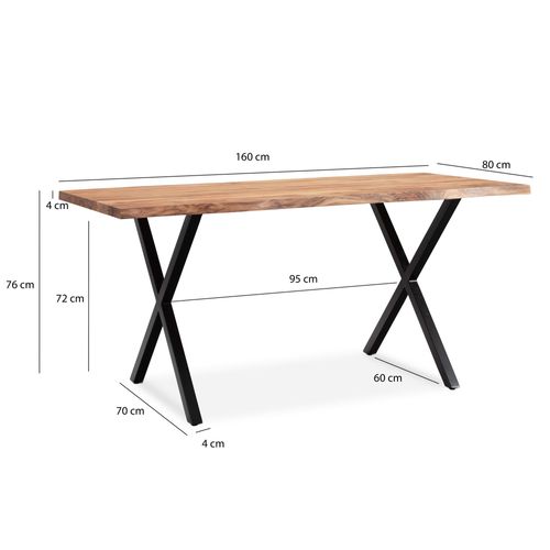 Table Salle à Manger Bois Massif D’acacia Métal Cuisine Bords Naturels 160 Cm
