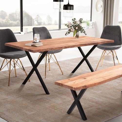 Table Salle à Manger Bois Massif D’acacia Métal Cuisine Bords Naturels 160 Cm