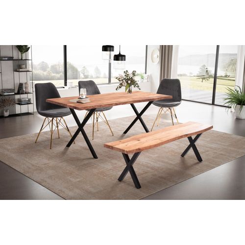 Table Salle à Manger Bois Massif D’acacia Métal Cuisine Bords Naturels 160 Cm