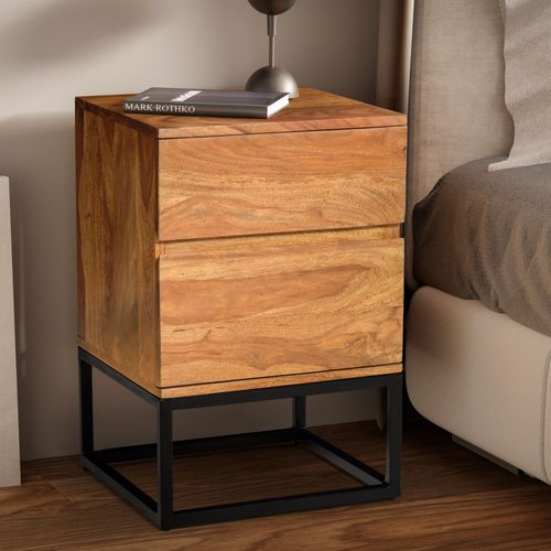 Table De Nuit Bois Massif 60 Cm Chevet Tiroirs Marron Lit Boxspring