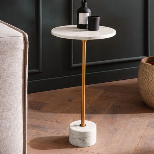 Table D’appoint De Salon Marbre Véritable D. 30 Cm Haute Ronde Dorée