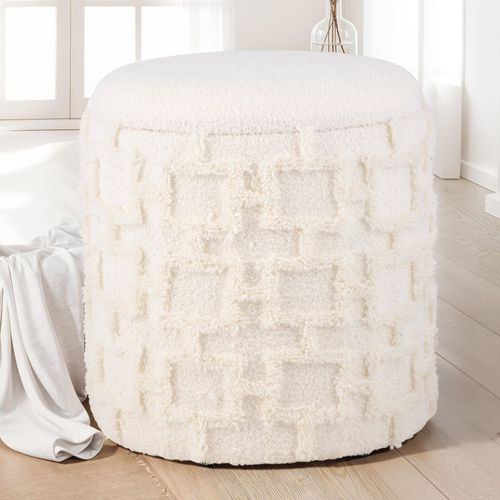Tabouret Rond Crème Avec Rangement Tissu Doux Salon Chambre Entrée