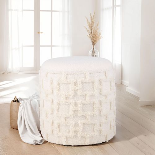 Tabouret Rond Crème Avec Rangement Tissu Doux Salon Chambre Entrée