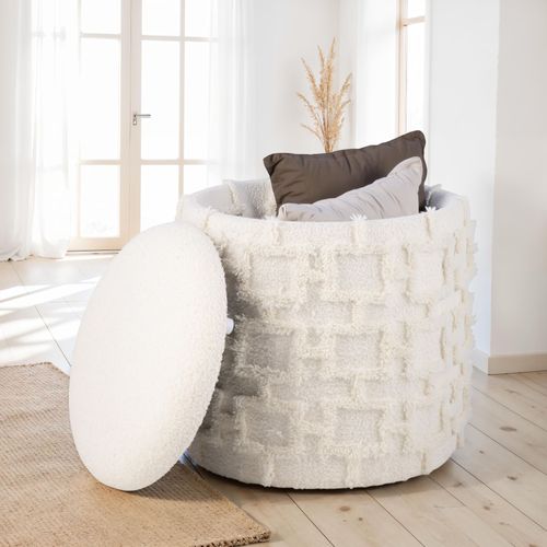 Tabouret Rond Crème Avec Rangement Tissu Doux Salon Chambre Entrée
