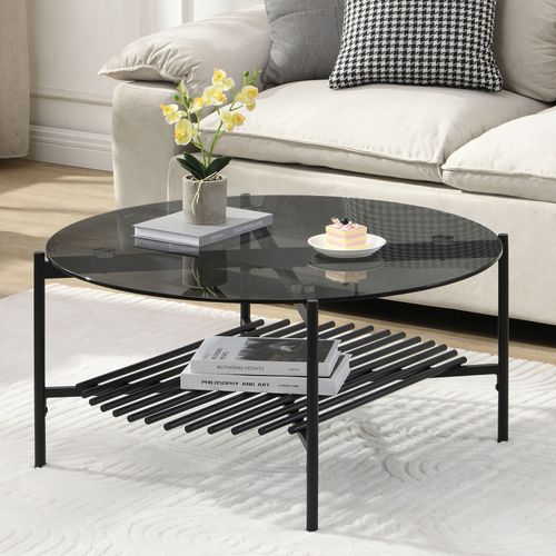 Table Basse Table De Salon Verre Métal 80 Cm Noir Table De Canapé Ronde
