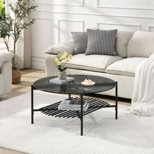 Table Basse Table De Salon Verre Métal 80 Cm Noir Table De Canapé Ronde
