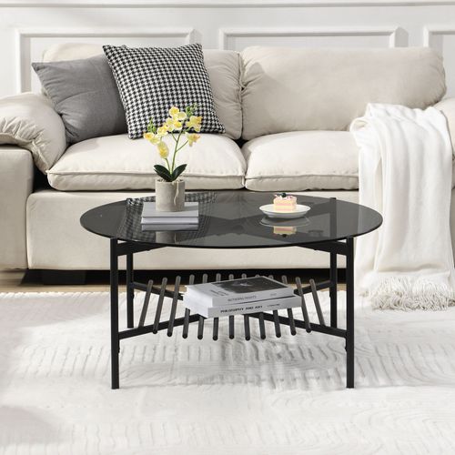 Table Basse Table De Salon Verre Métal 80 Cm Noir Table De Canapé Ronde