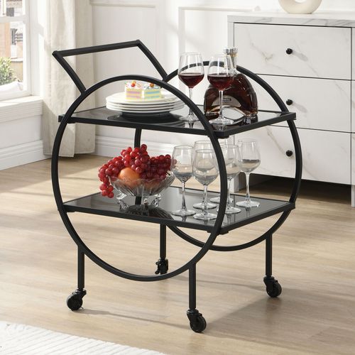Desserte Chariot De Bar En Métal Noir, Étagères En Verre, 2 Niveaux, Roulettes