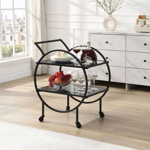 Desserte Chariot De Bar En Métal Noir, Étagères En Verre, 2 Niveaux, Roulettes