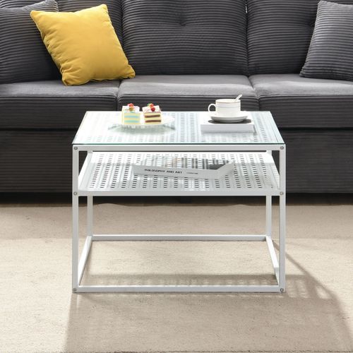 Table Basse En Verre Et Métal, Carrée, 60 Cm, Pour Salon, Rangement, Moderne
