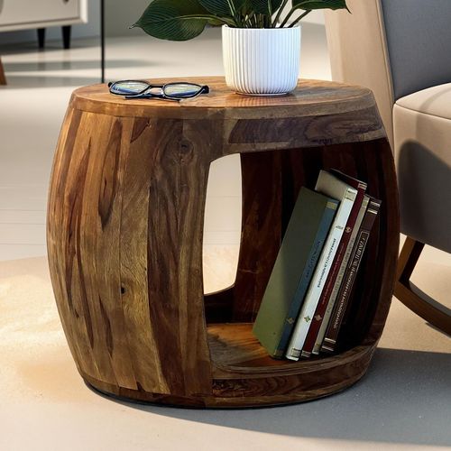 Table D'appoint D. 50cm Sheesham Bois Massif Rond Rangement Basse Table De Salon